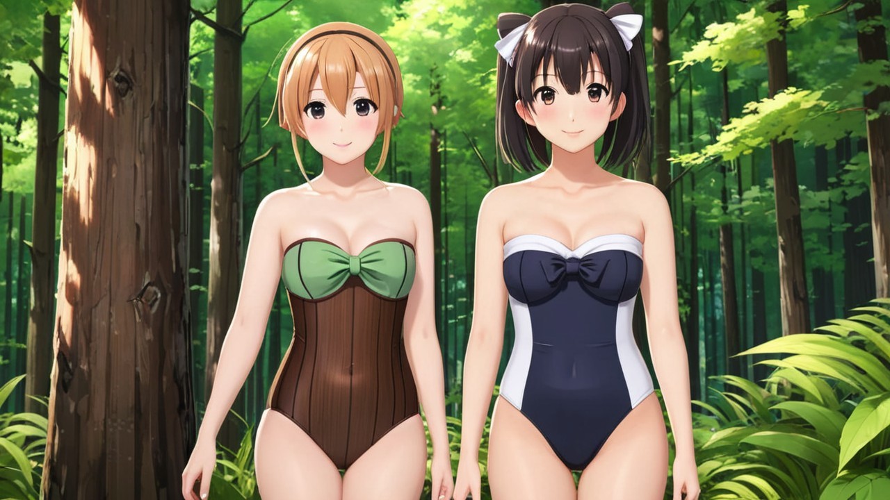 Animated Characters in Swimsuits in Forest Setting