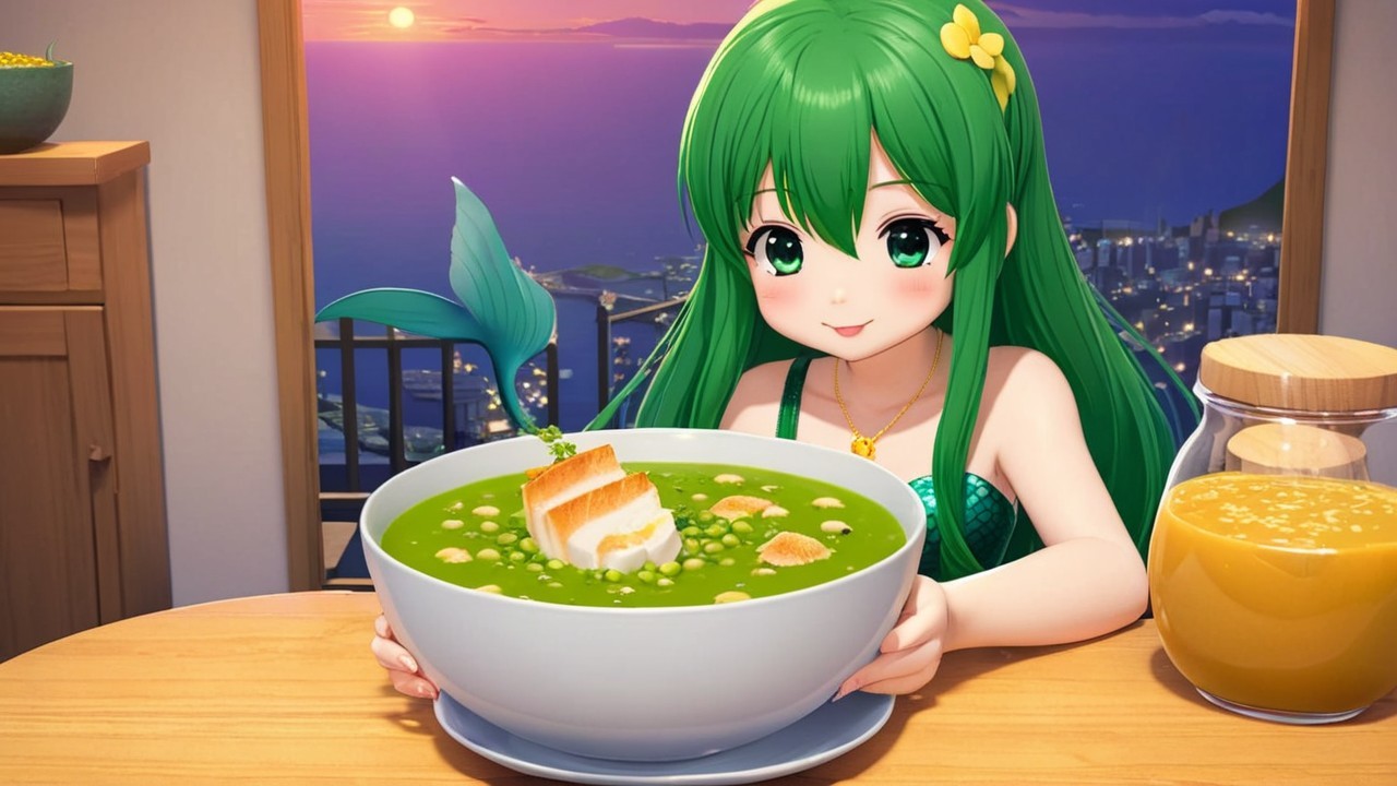 Cheerful Anime Character with Green Soup at Sunset