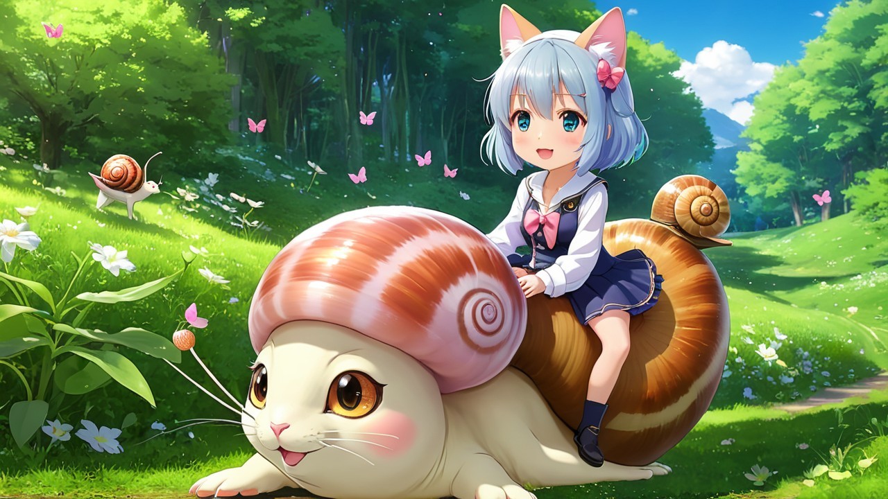 Cheerful girl with cat ears on a friendly snail in meadow