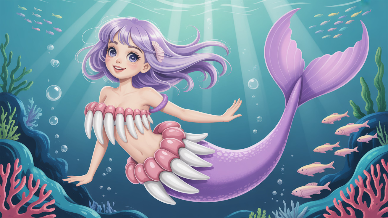 Lavender-Haired Mermaid Illustration in Ocean Scene
