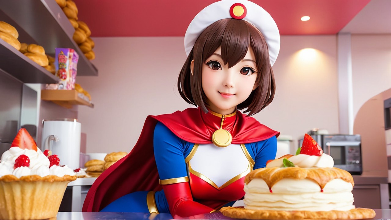 Cheerful Superhero Character in Bakery Setting