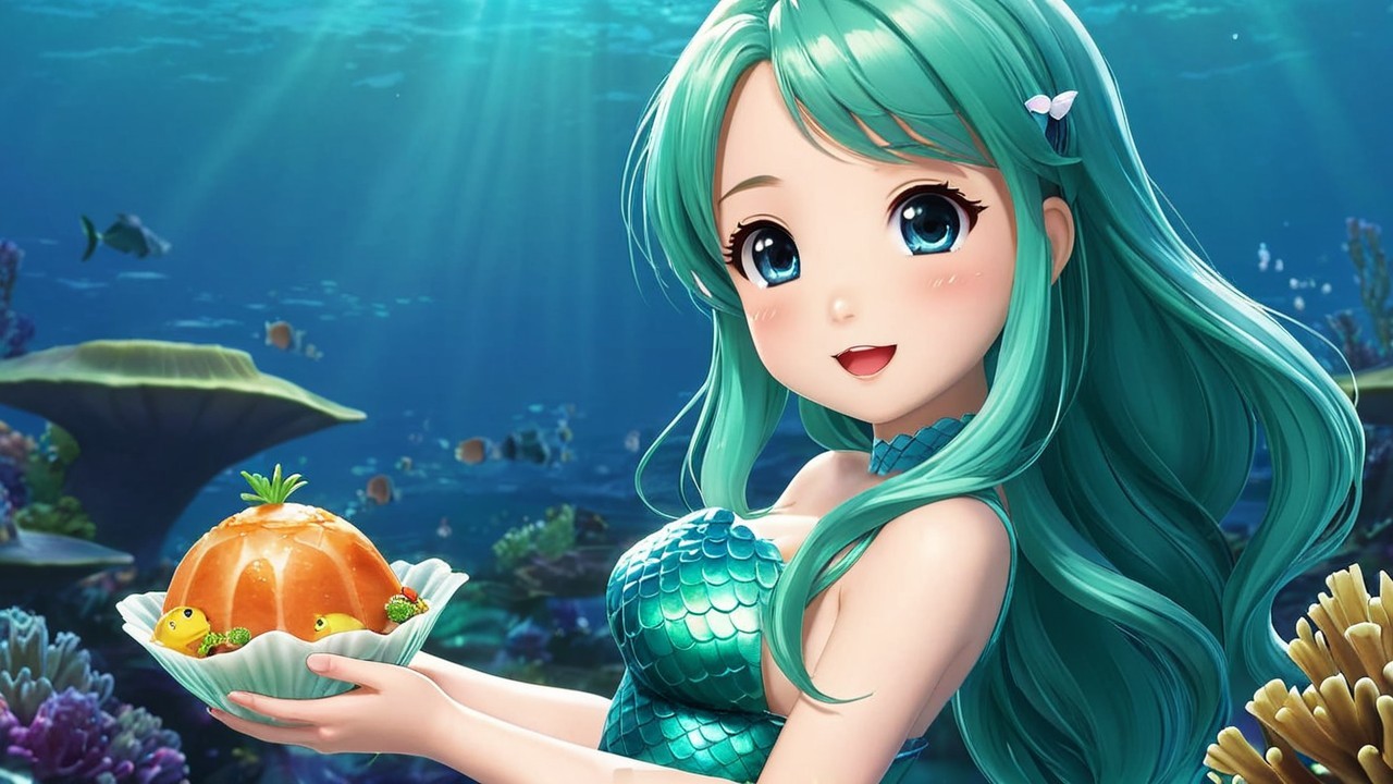 Cheerful mermaid with salmon dish in underwater paradise