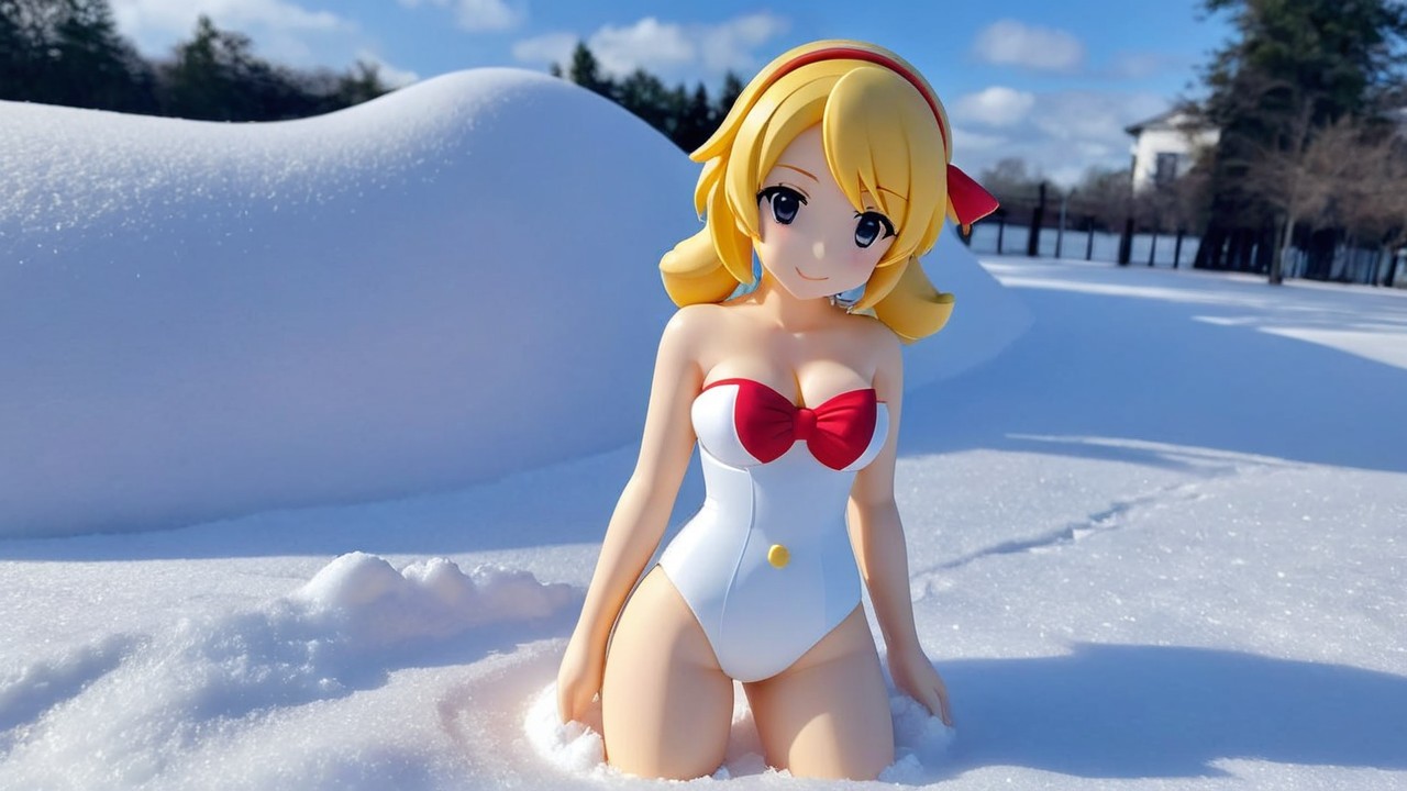 Anime Figure in White Swimsuit in Snowy Landscape