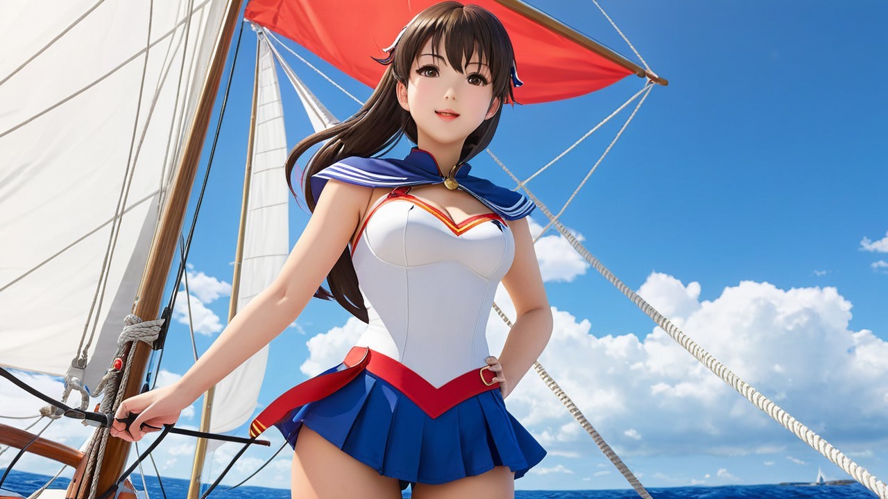 Female Character on Sailboat Under Blue Sky