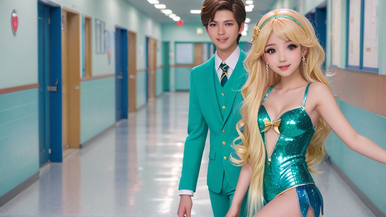 Vibrant School Hallway with Stylishly Dressed Students