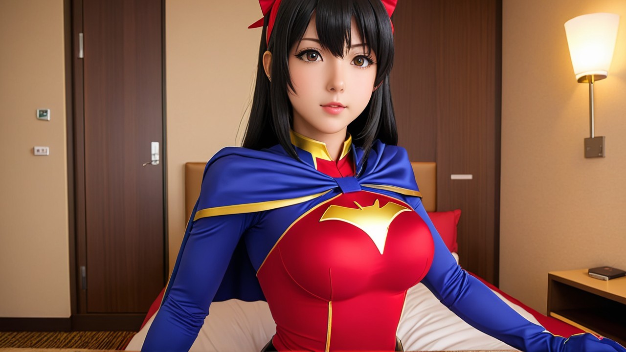 Young woman in vibrant superhero costume in cozy room