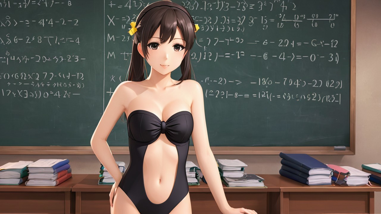Young Woman in Swimsuit in Classroom with Equations