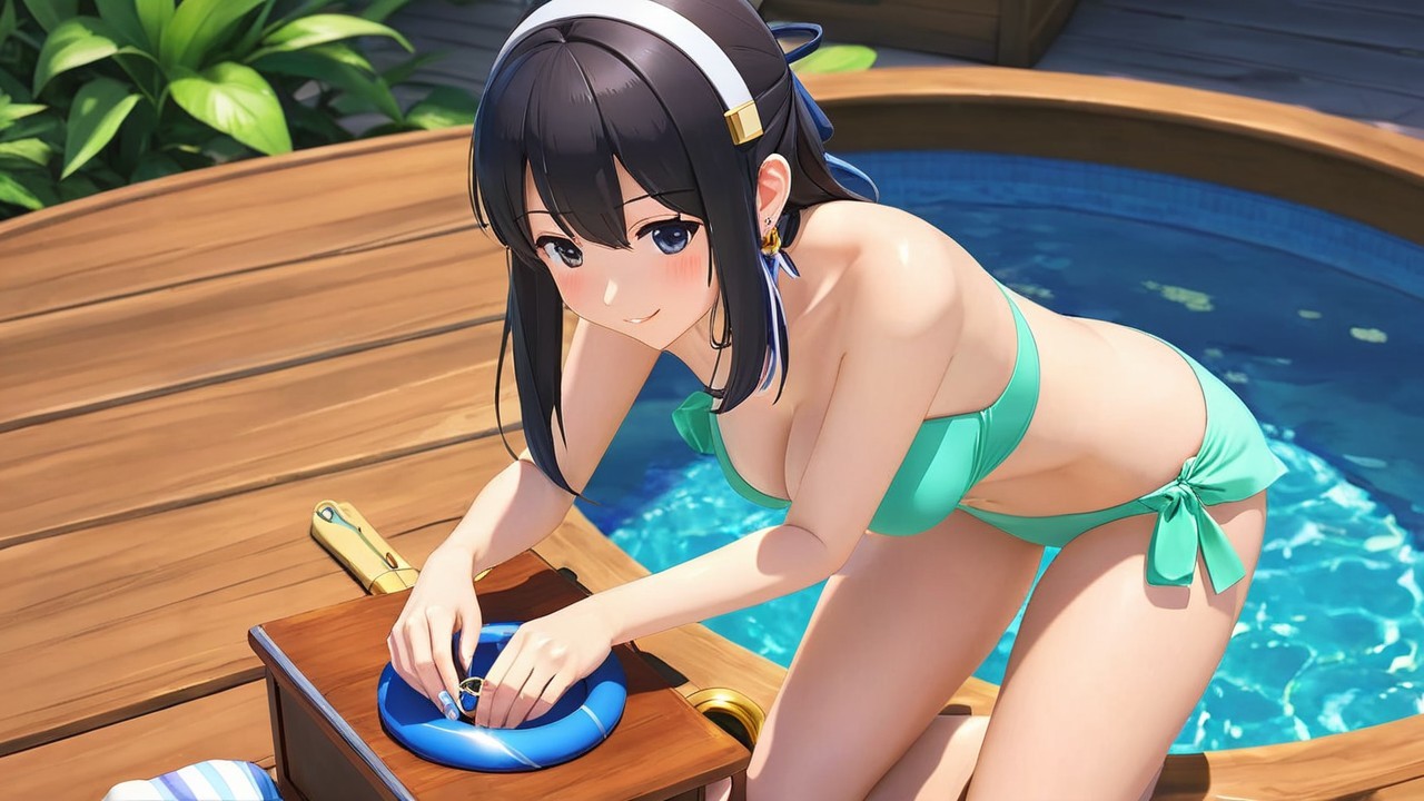 Young woman in turquoise bikini by hot tub outdoors