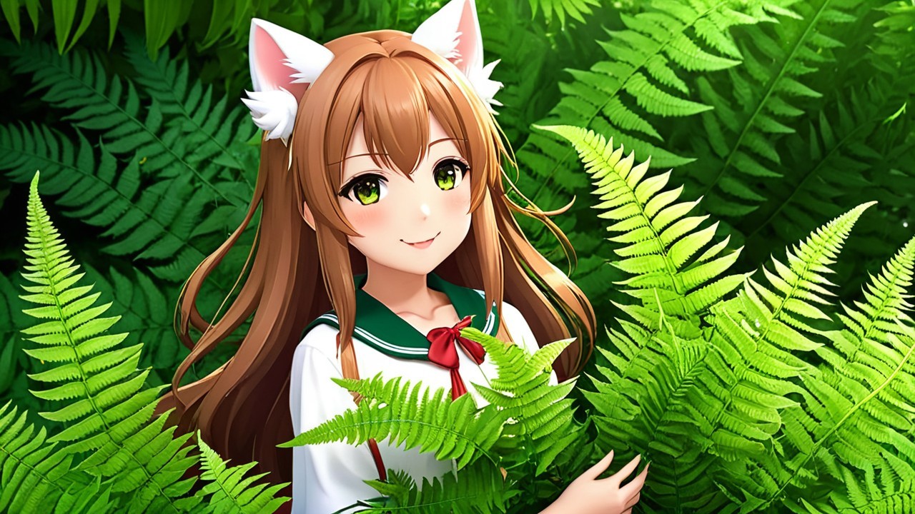 Cheerful girl in school uniform among green ferns