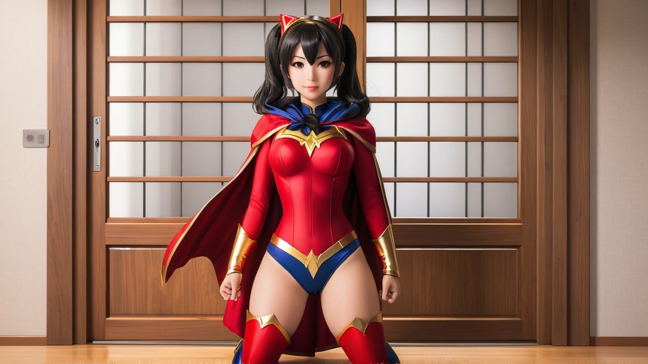 Stylized Female Superhero in Red and Blue Costume