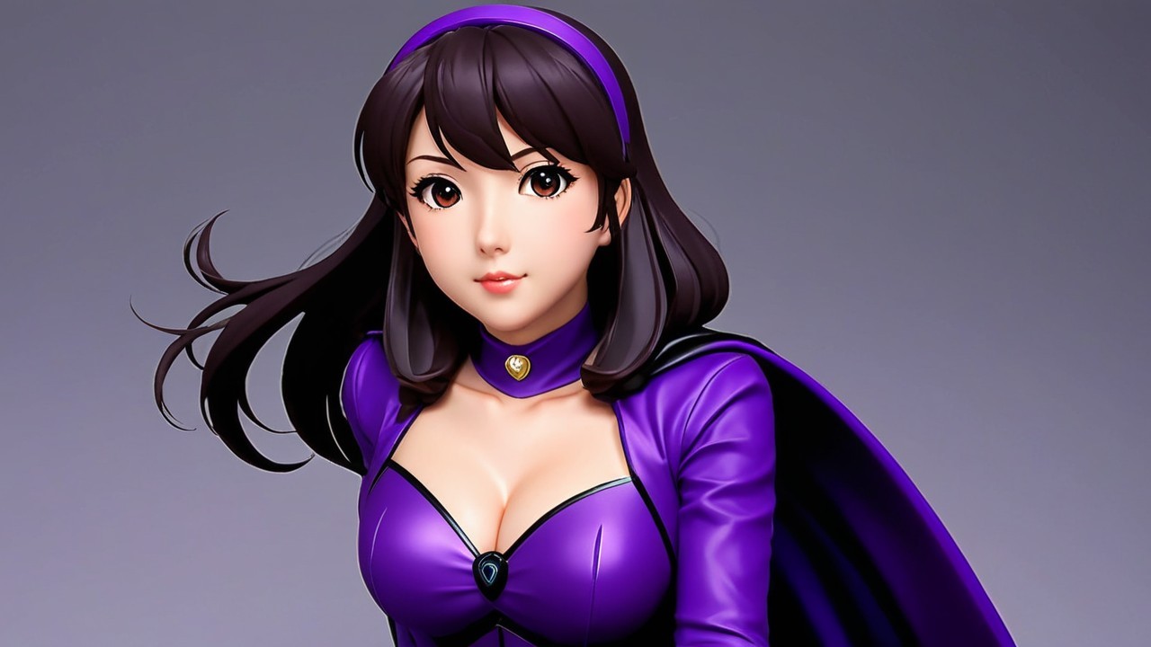 Confident Female Figure in Striking Purple Costume