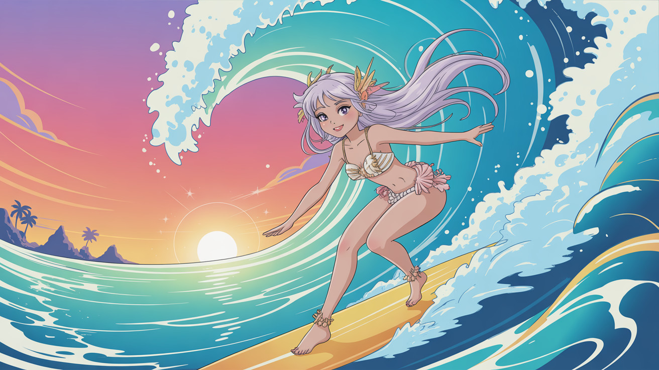 Anime-style girl surfing on a wave with surfboard