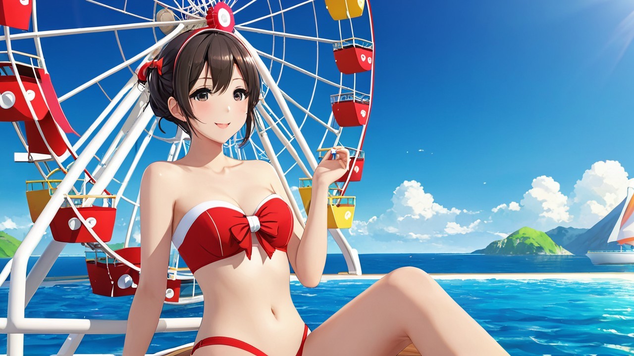 Young Woman in Red Bikini by Blue Sea and Ferris Wheel