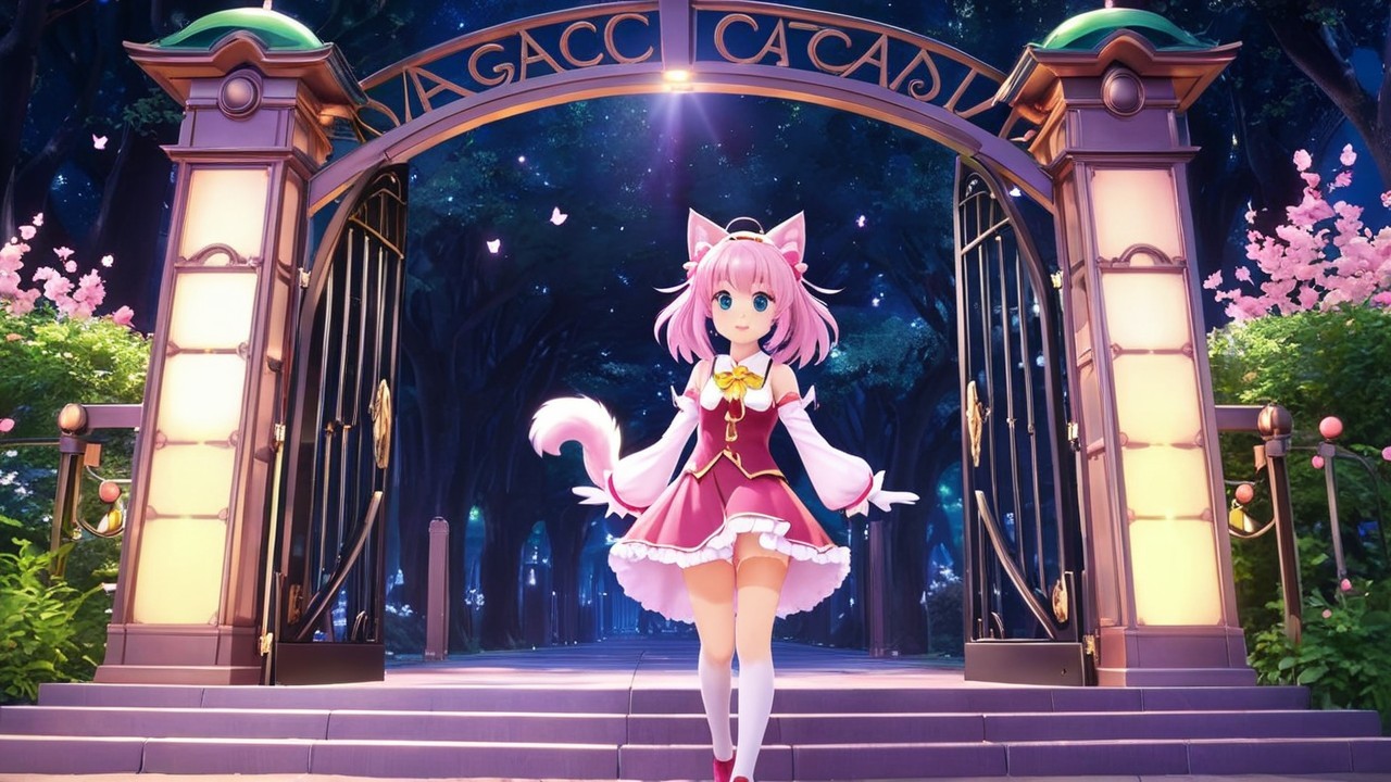 Whimsical anime character at magical castle entrance