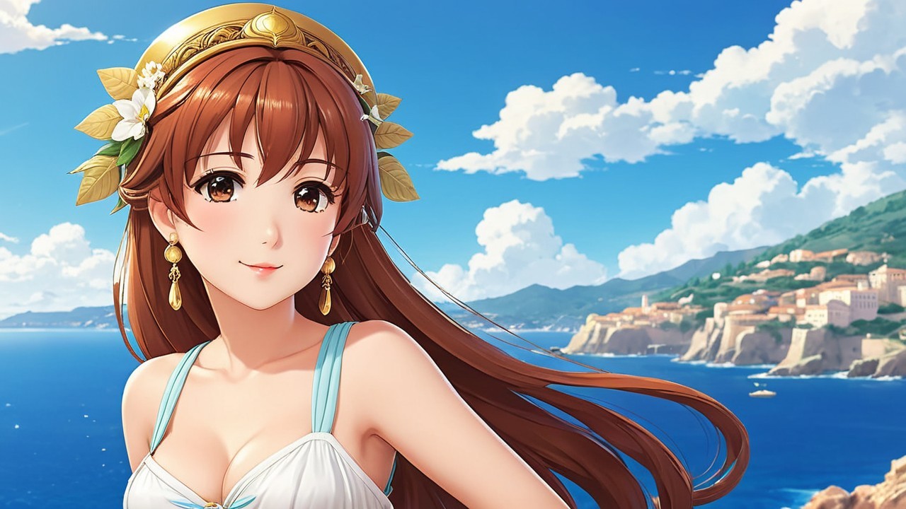 Anime Character in Coastal Landscape with Village Background