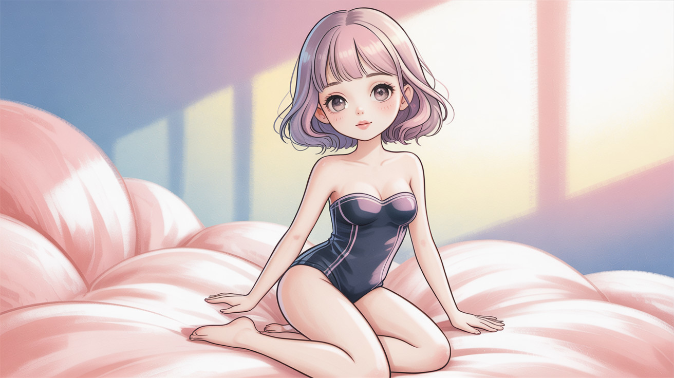 Cartoon Anime Girl in Swimsuit on Pink Cushions