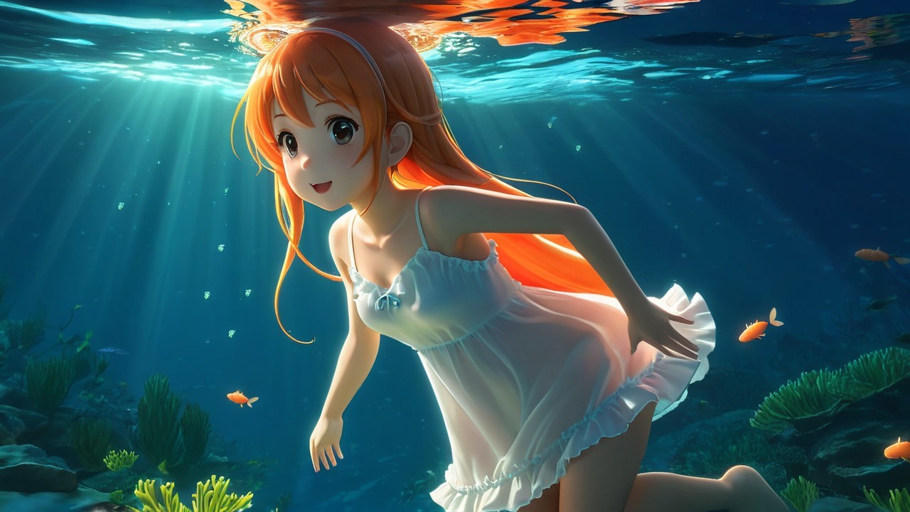 Vibrant Underwater Scene with Cheerful Anime Girl