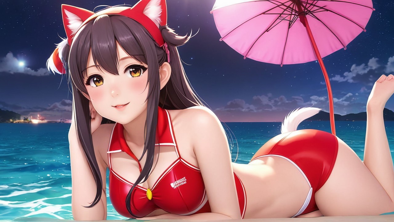 Anime Character with Cat Ears at Sunset Beach