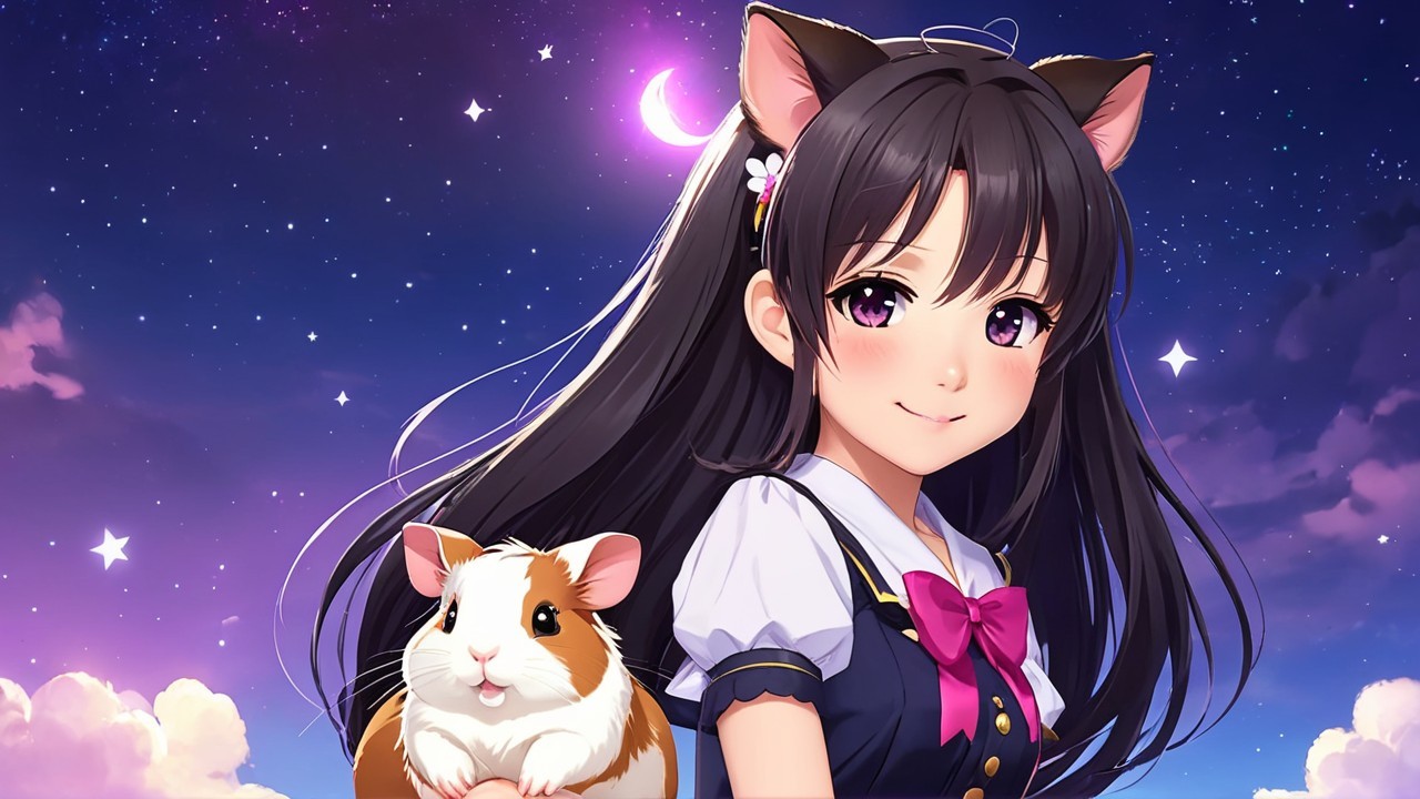 Girl with cat ears and guinea pig under starry sky