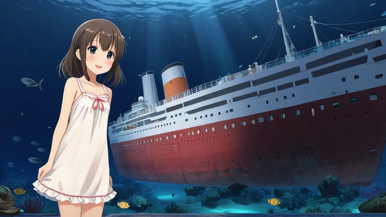 Underwater Scene of Girl and Sunken Ship with Fish