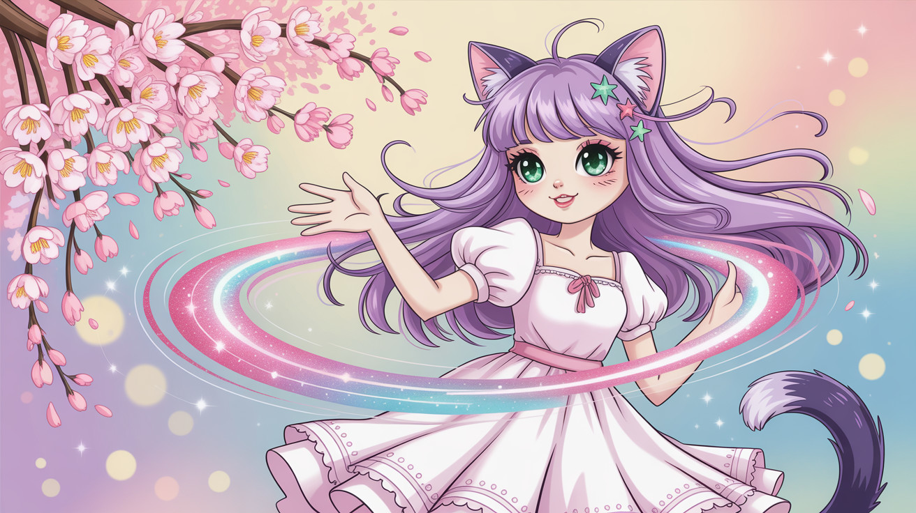 Anime Neko Girl with Purple Hair and Cherry Blossoms