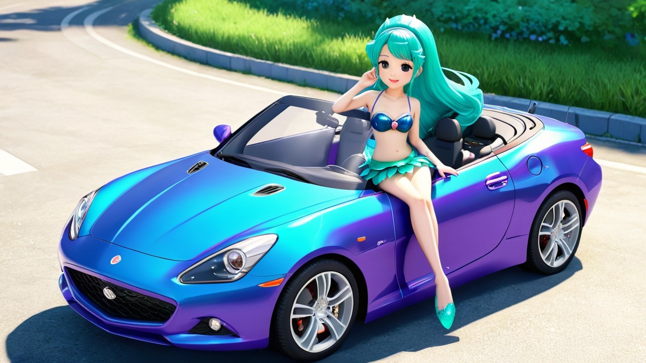 Sporty Convertible with Anime Character in Sunny Setting