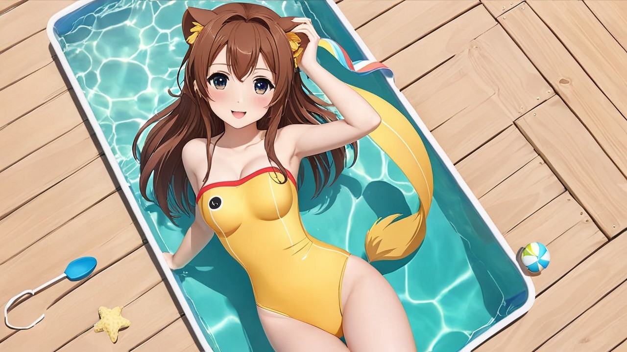 Cheerful Anime Character in Pool with Summer Vibe