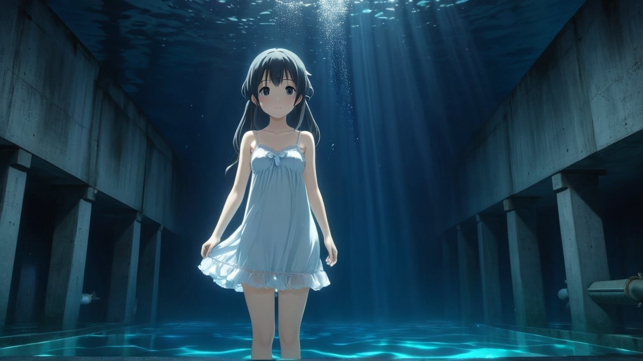 Young girl in white dress in serene aquatic setting