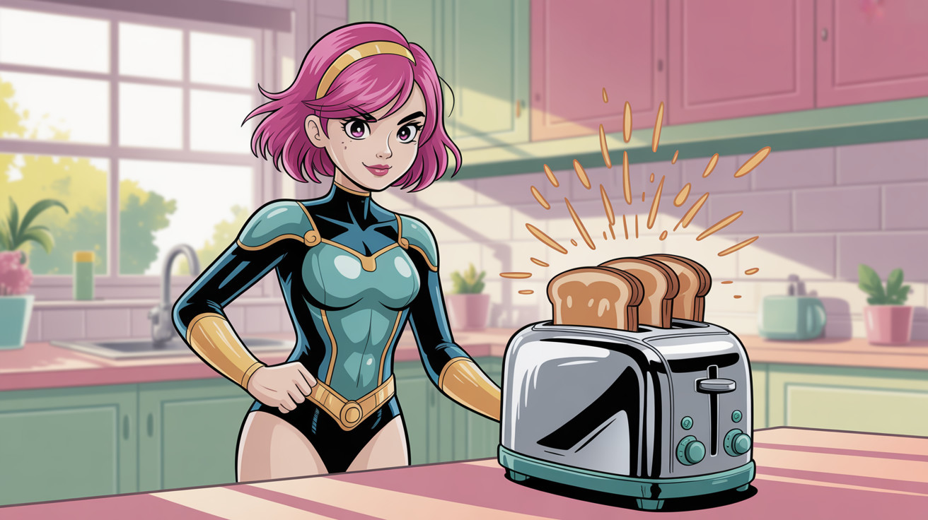 Cartoon of a girl in superhero outfit in a kitchen