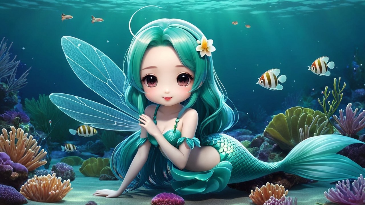 Mermaid with Turquoise Hair in Coral Reef Setting