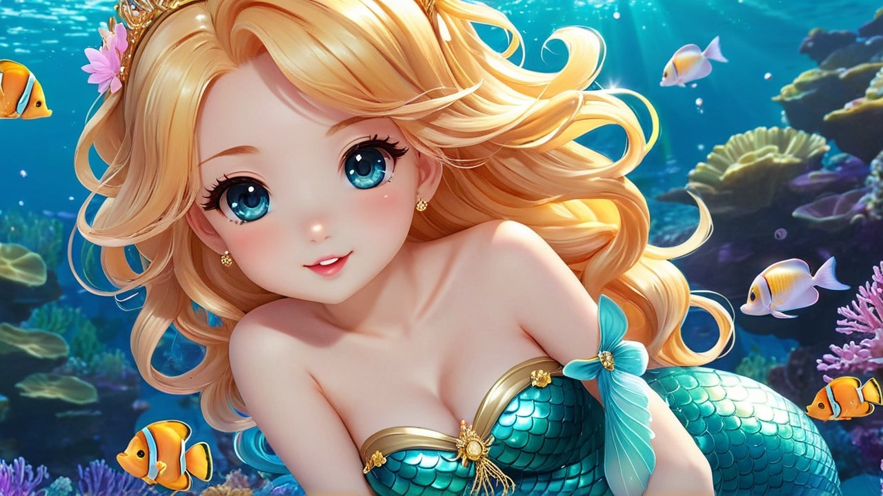 Underwater Scene with Mermaid and Coral Reefs