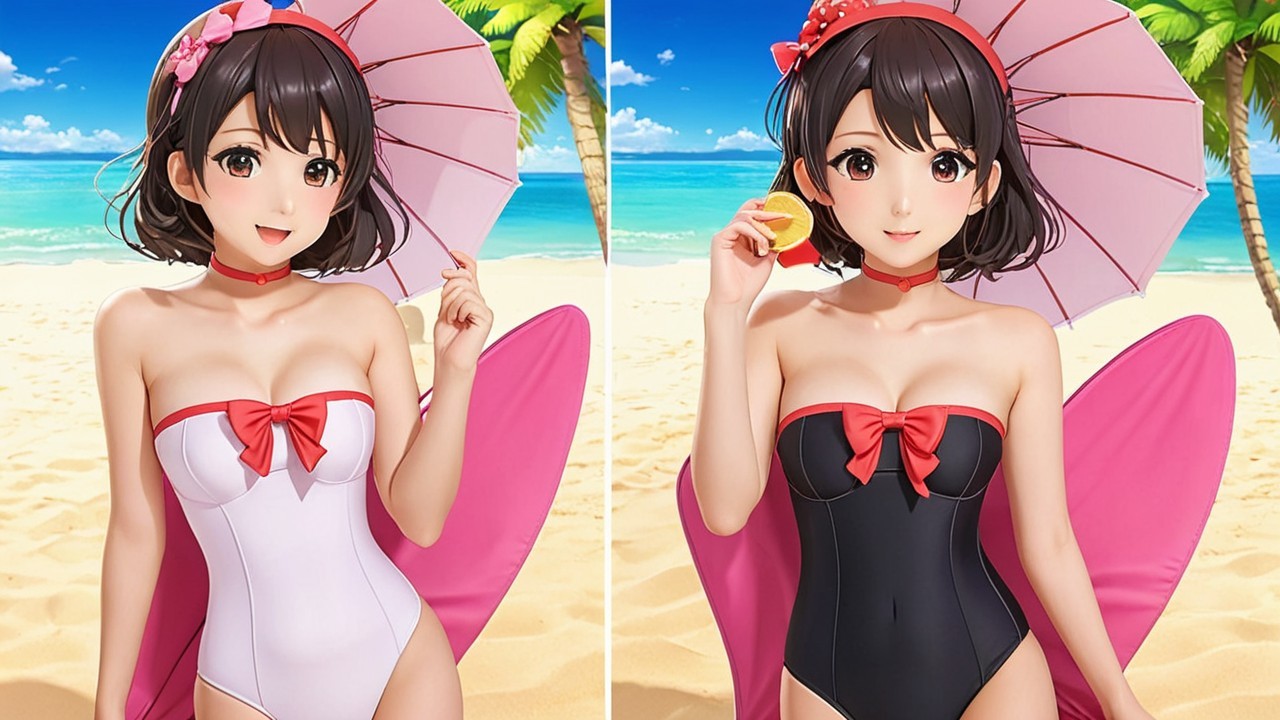 Stylized character in playful beach setting with swimsuits