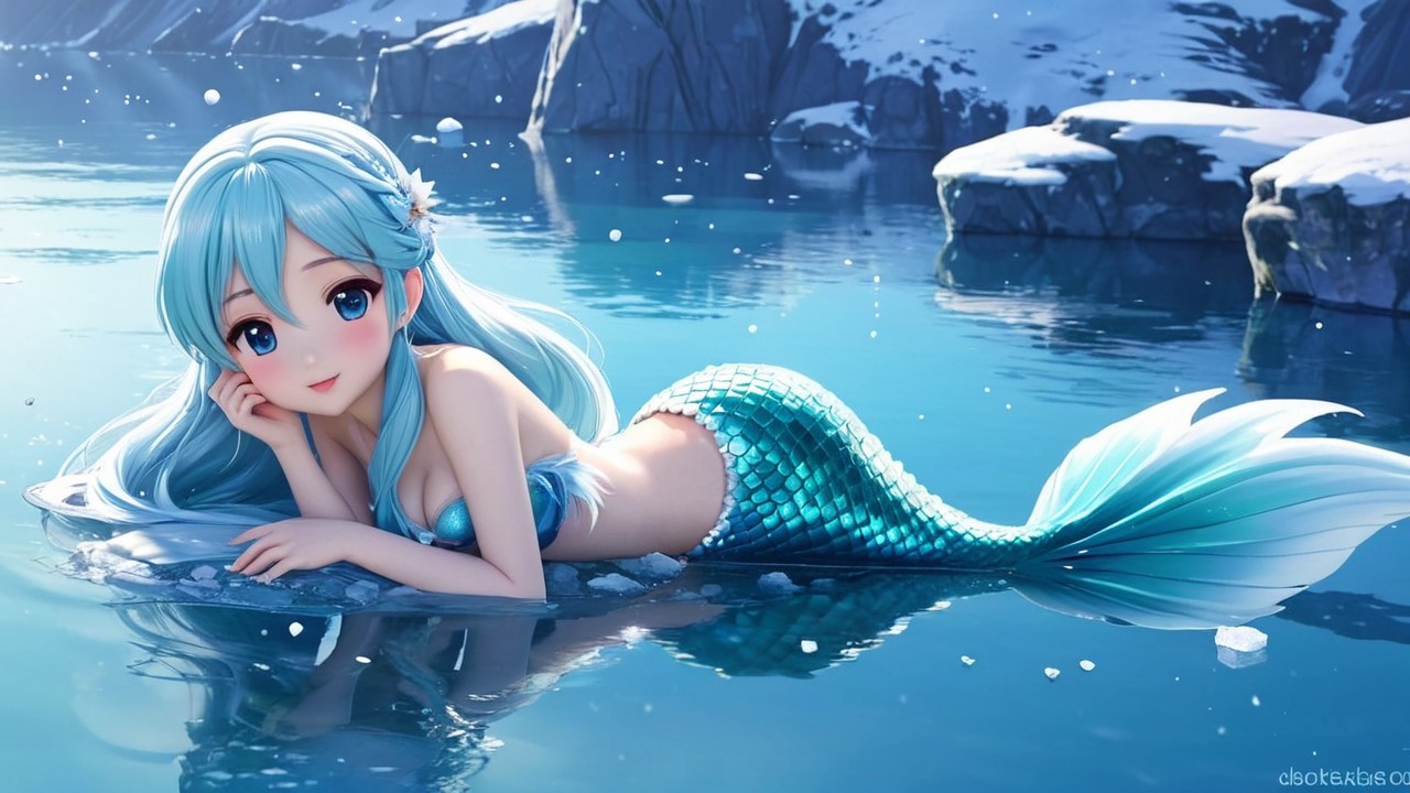 Anime-style mermaid on rocky shore in icy ocean