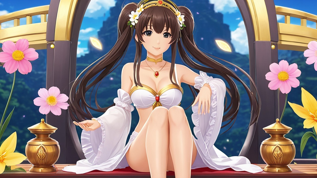 Character with Twin Tails in Elegant Outfit and Flowers