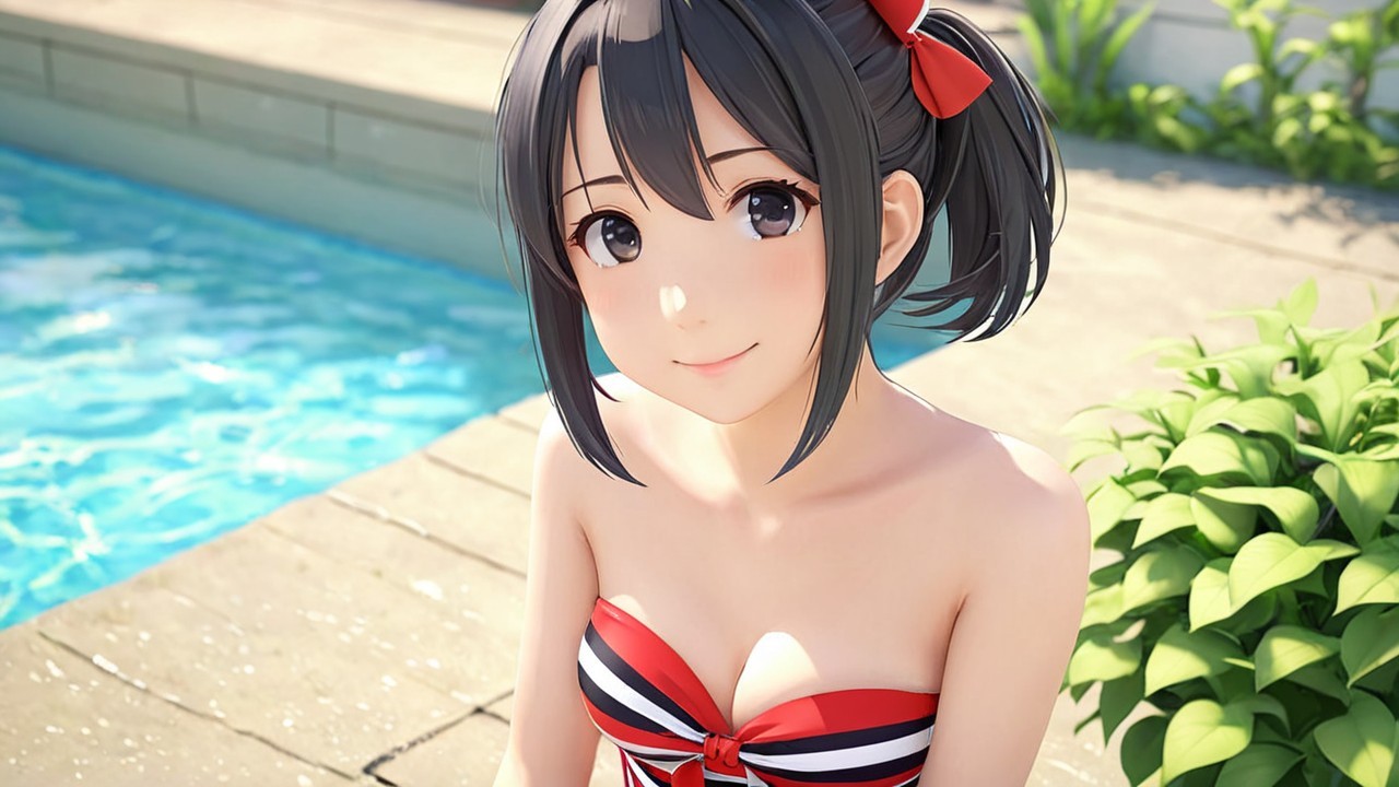 Cheerful anime girl by a sparkling pool in summer