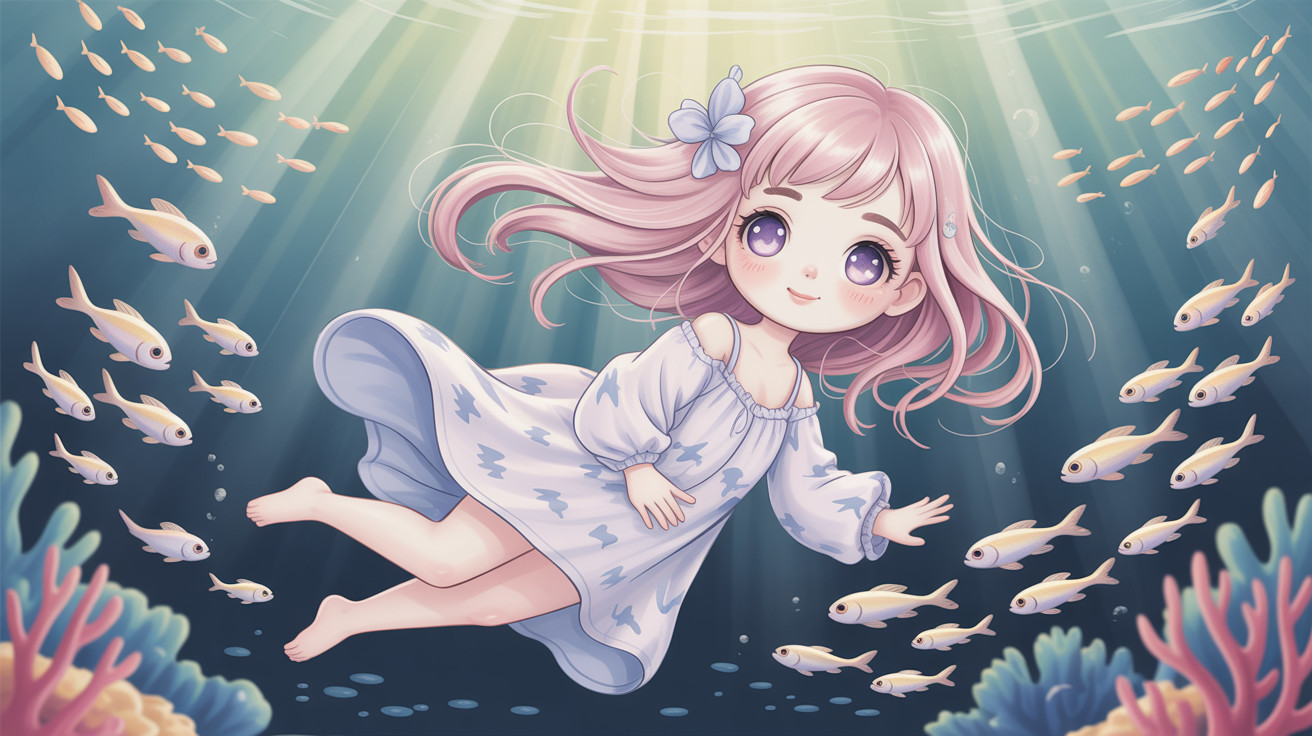 Cute Girl Swimming Underwater with Coral Reef Background