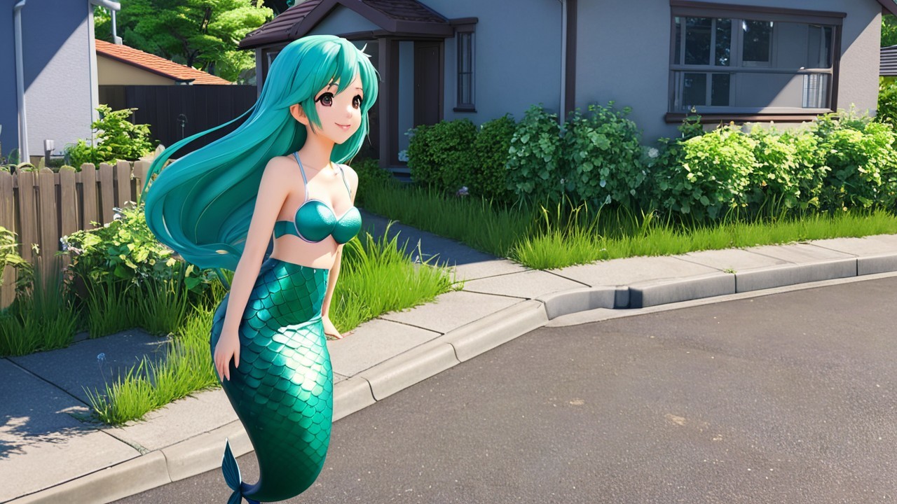 Animated mermaid on suburban sidewalk with greenery