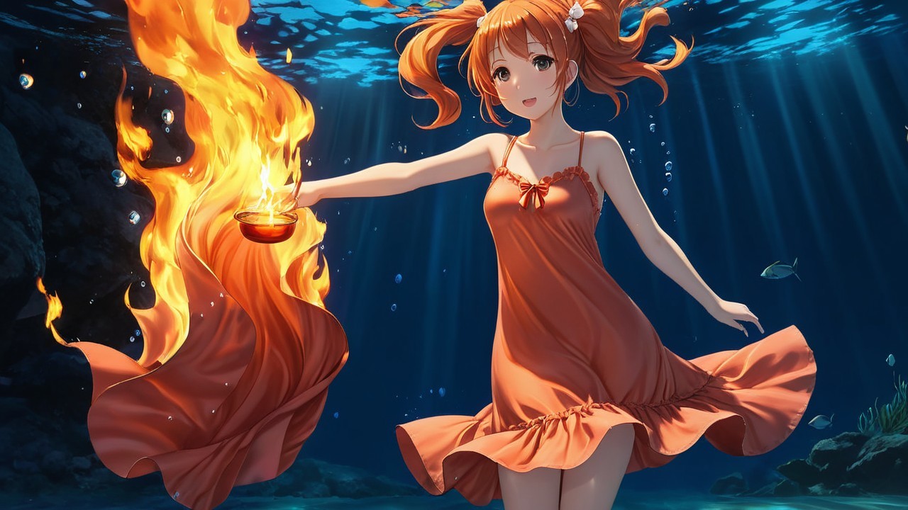Underwater Scene with Girl in Orange Dress and Fire Bowl