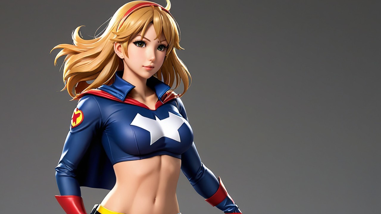 Heroic Female Character in Blue and Red Costume