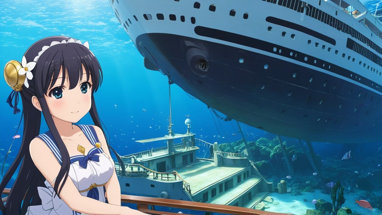 Underwater Scene with Girl and Sunken Ships