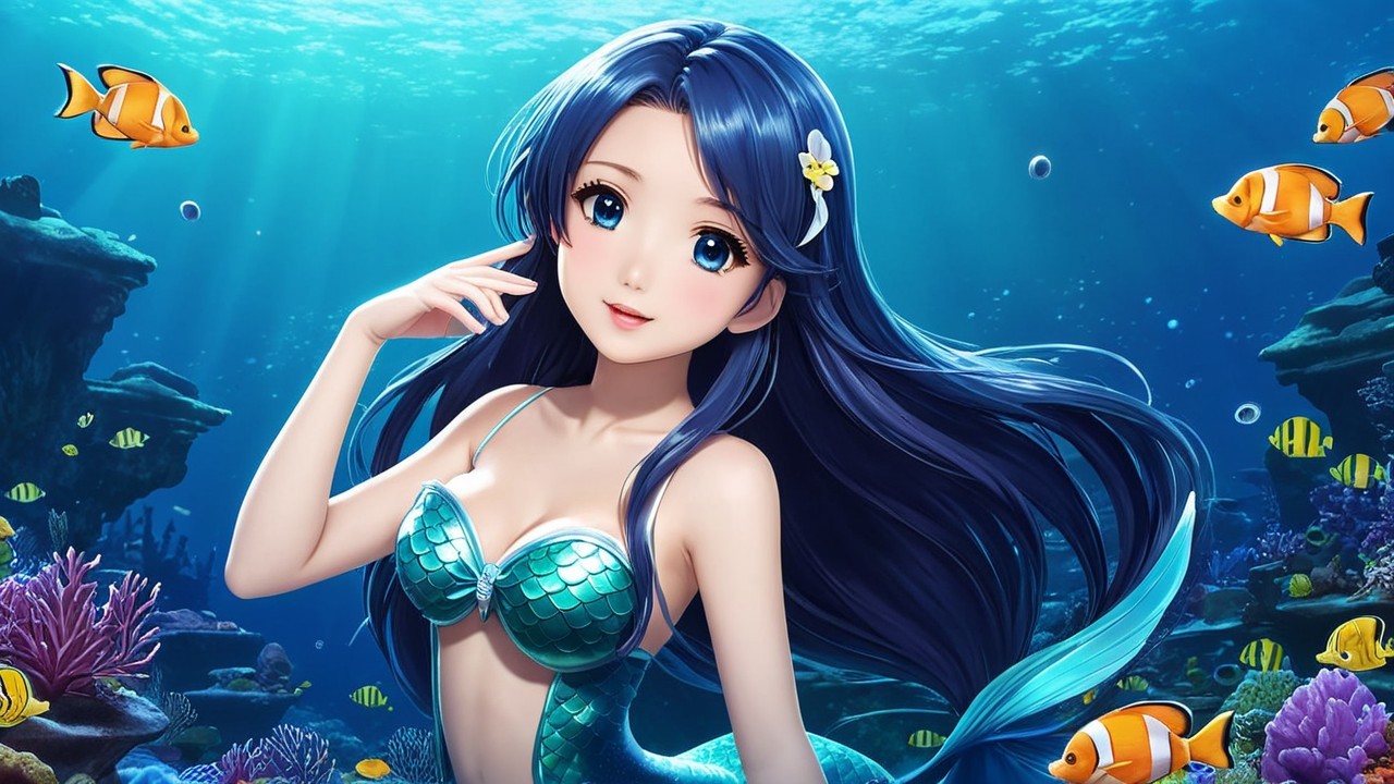 Animated Mermaid with Blue Hair and Green Scales