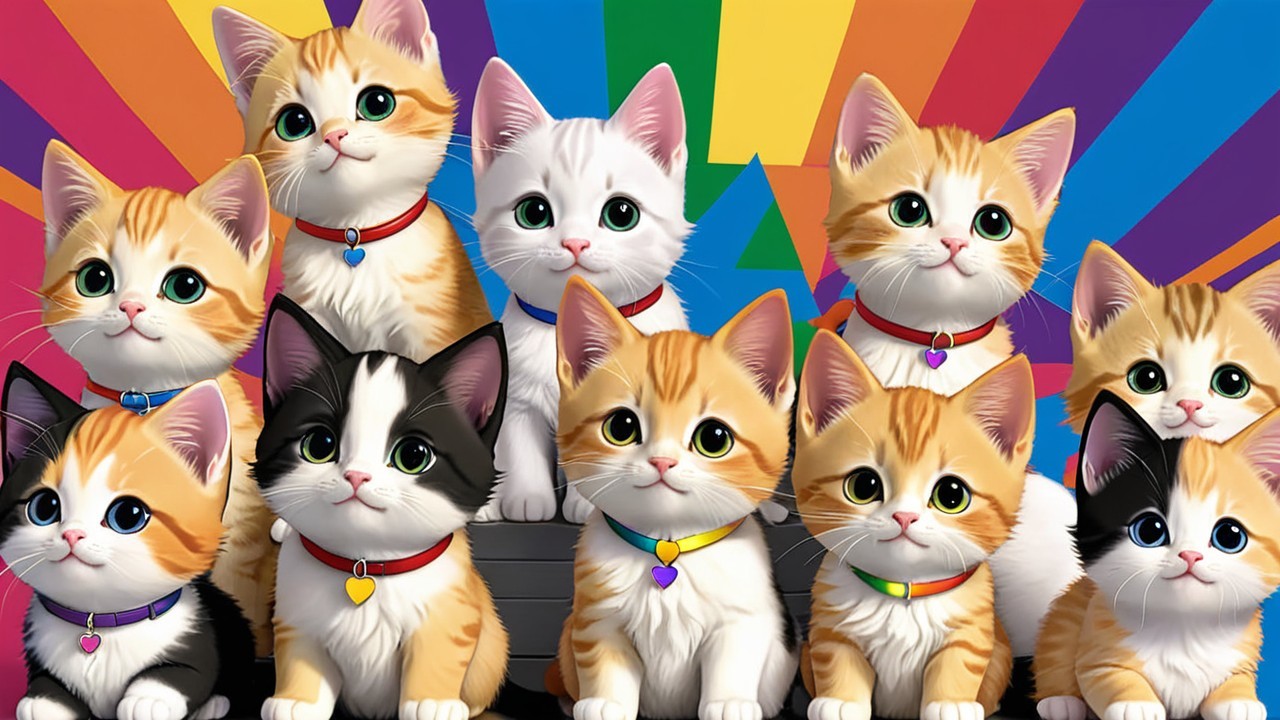 Group of Cartoon Kittens on Rainbow Background