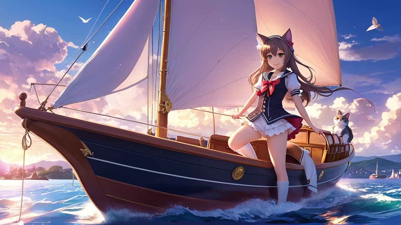 Young girl with cat ears on a sailboat at sunset