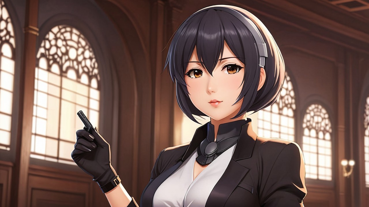 Confident Woman with Firearm in Elegant Vintage Setting