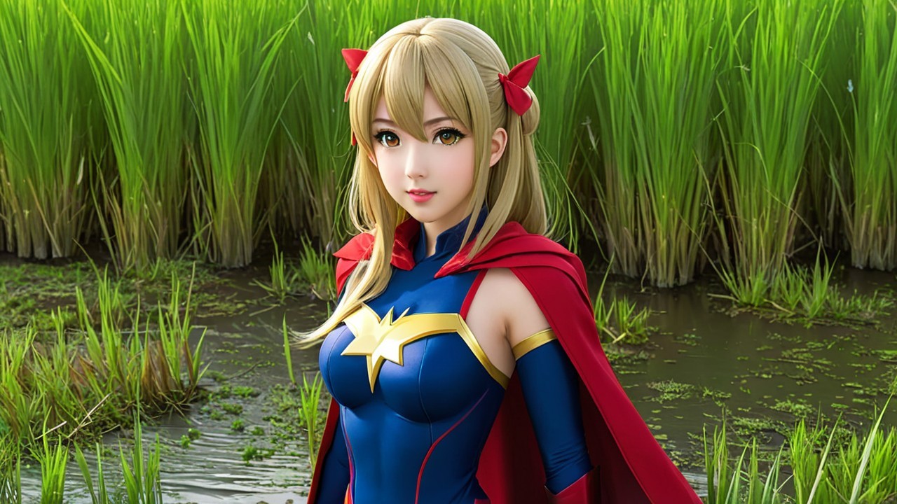 Young female superhero in a green rice field setting