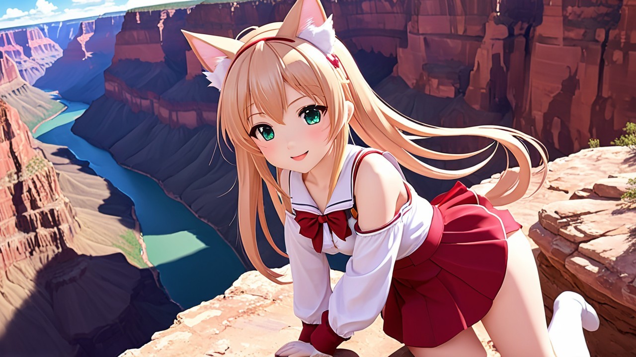 Cheerful anime character at canyon with red cliffs