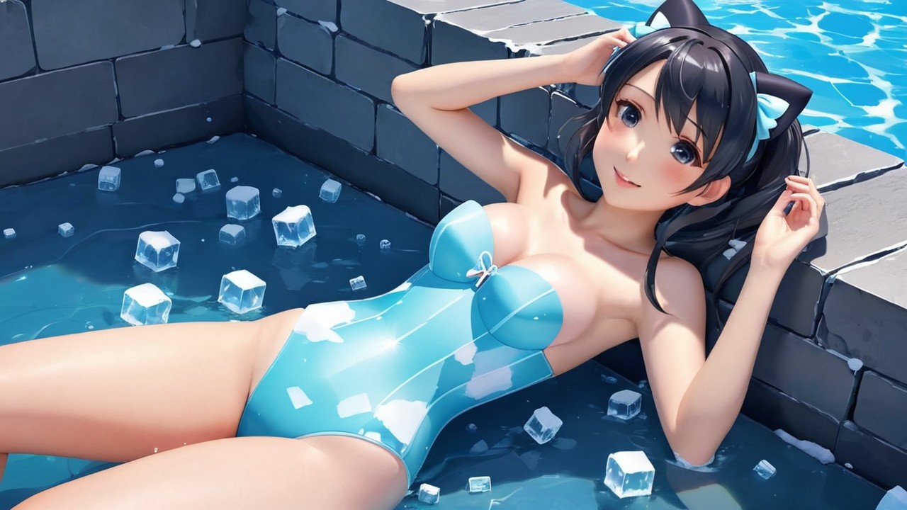 Character in Light Blue Swimsuit Relaxing in Pool