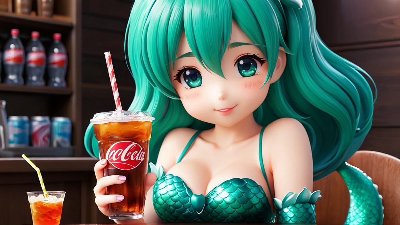 Vibrant Anime-Style Mermaid with Coca-Cola at Table