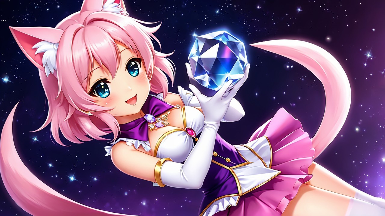 Vibrant anime character with pink hair and cat ears