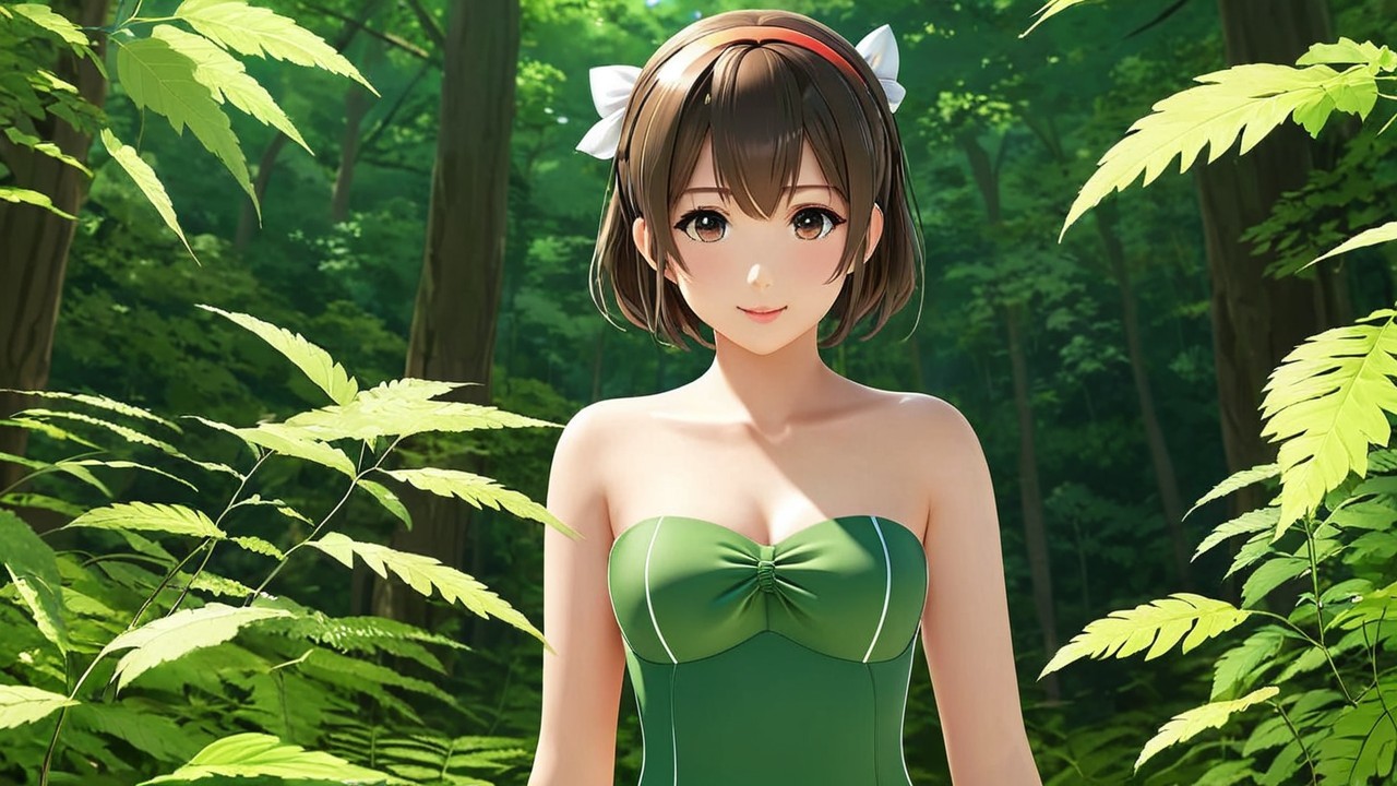 Young woman in a green forest with sunlight and ferns